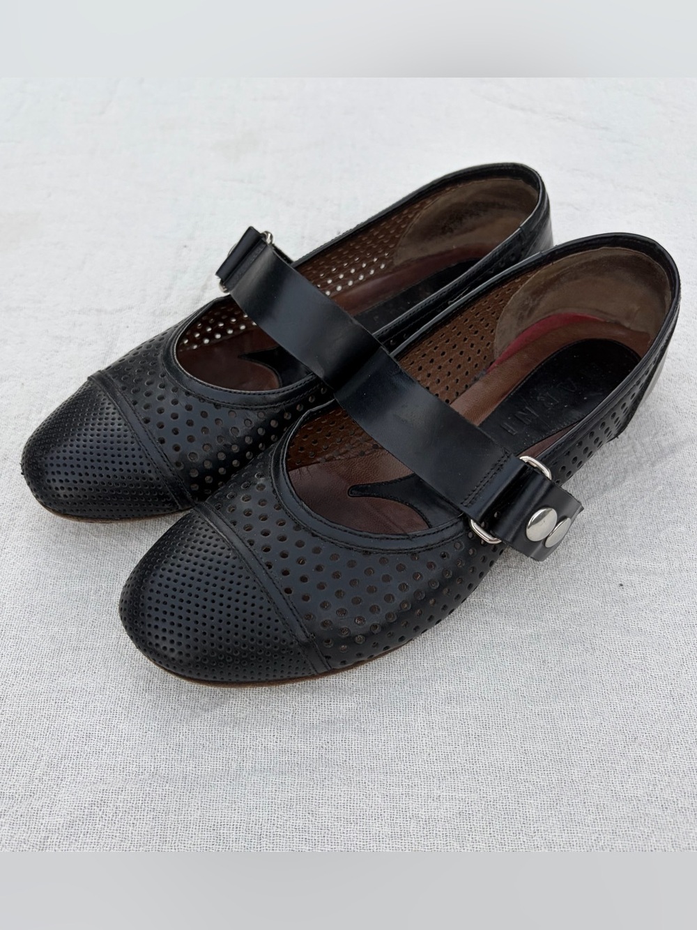 Marni Black Leather Perforated Mary Jane Flats, Grunge Ballet Flats, Streetwear
